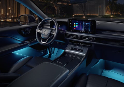 Deep blue Ambient Lighting glows from various places within a 2026 Lincoln Aviator® SUV. | Holmes Tuttle Lincoln in Tucson AZ